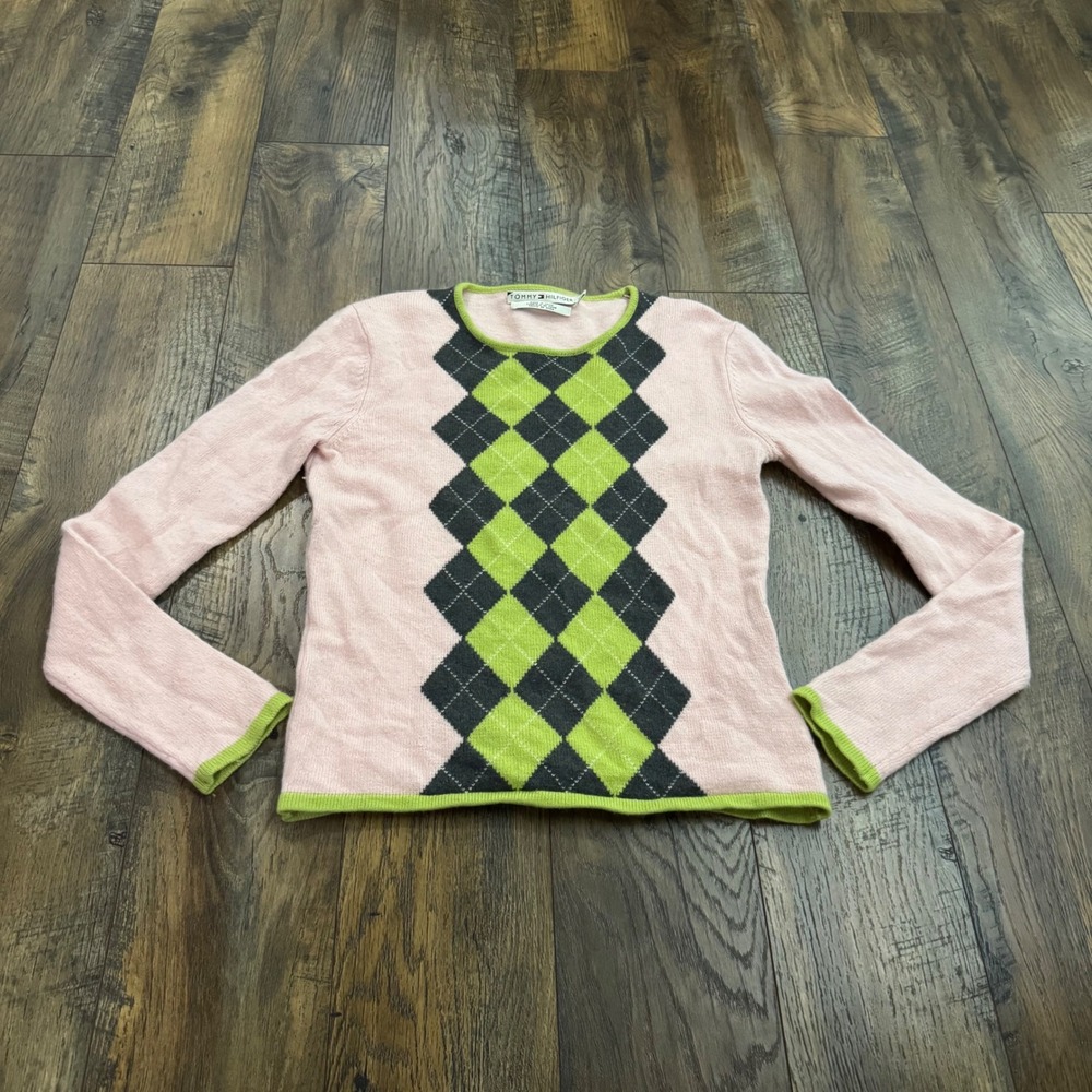 Tommy Hilfiger Pink Argyle Sweater Wool Cashmere Blend Womens L Y2K Preppy Knit